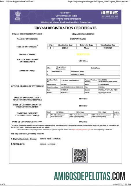 Certificado de registro Udyam da Índia para impressão, modelo Word e PDF, versão 7